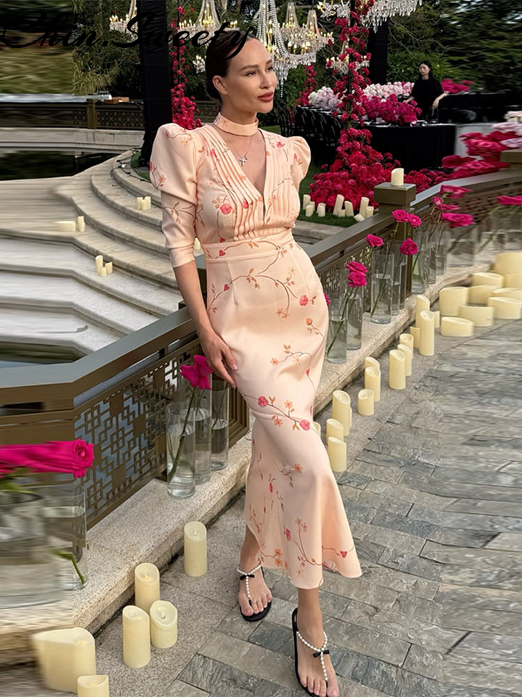 Robe imprimée urbaine pour femmes, décolleté en v profond, mode bouffante, manches courtes plissées, Empire, robes de soirée Chic, été, 2025