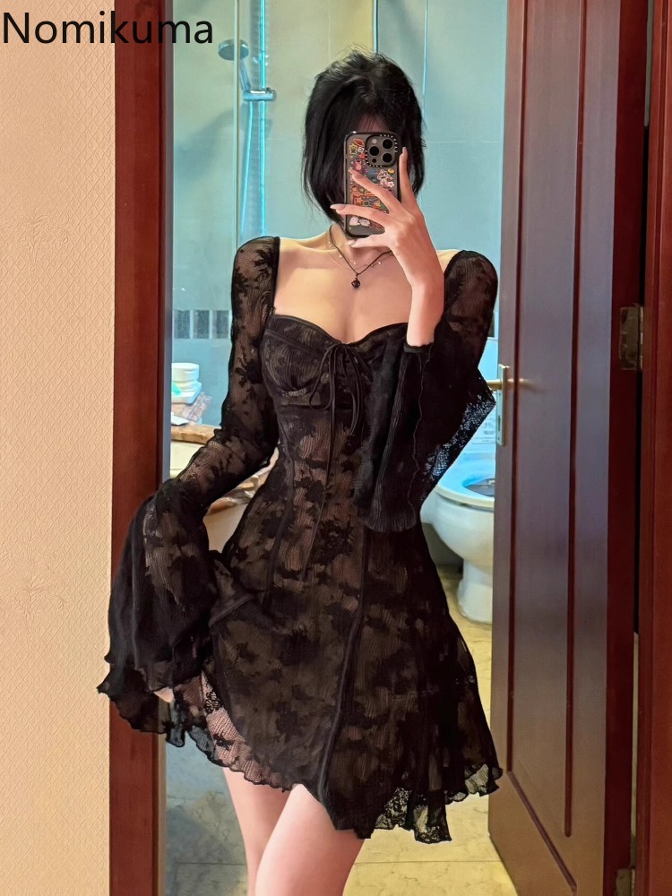 Tempérament Robe Femme robes pour femmes taille haute manches évasées carré Collat noir dentelle Robe Sexy 2025 robes De Mujer