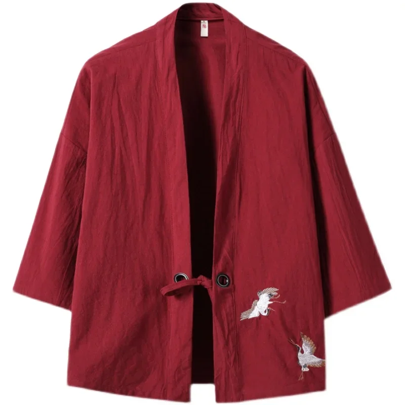 Kimono pour hommes, broderie de grue, style japonais Harajuku, cardigan décontracté en coton, costume de samouraï pour hommes, Yukata, vêtements asiatiques, vestes pour hommes