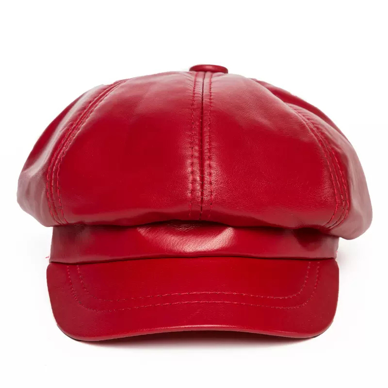 Chapeau octogonal en peau de mouton pour femme, cuir véritable, casquettes de béret de peintre chimilote coréen, Streerwear rouge et bleu, Sophia Femme, hiver