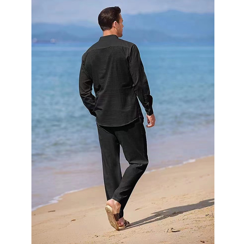 Chemise à manches longues à col en V pour hommes, lin trempé, respirant, solide, document, décontracté, sport, mode, ensemble deux pièces, tenues pour hommes, fj2