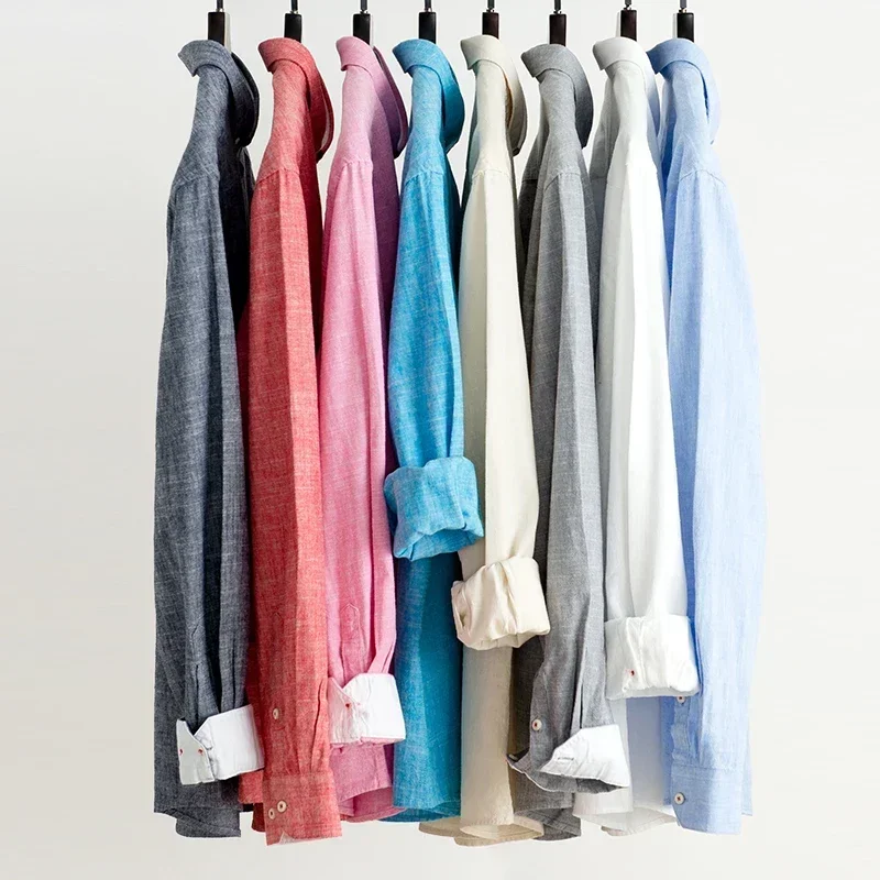 Chemises en lin et coton à manches longues pour hommes, style coréen, coupe ajustée, décontractées, unies, avec poche unique, chemise blanche de créateur