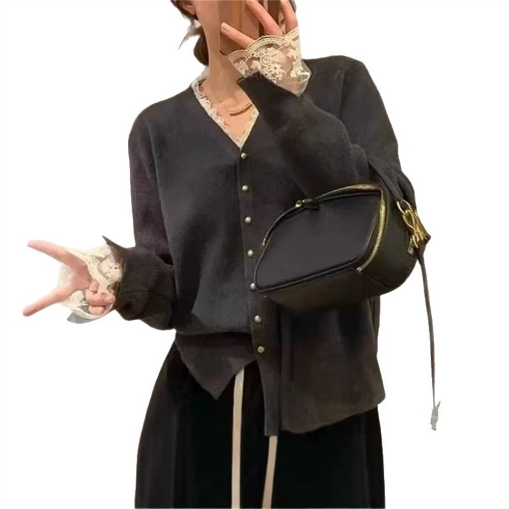 Femmes vêtements automne hiver mode bouton dentelle Patchwork couleur unie tricot femme mince col en v pull Cardigan vêtements hauts