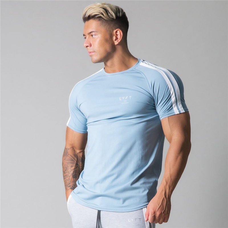 Côté rayé GYM course hommes T-Shirt à manches courtes sport T-Shirts musculation Fitness hommes entraînement coton T-Shirt hommes chemise