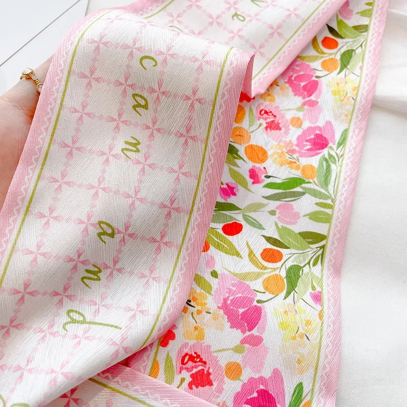 Nouveau Foulard Long en Soie Satinée à Imprimé Floral Original pour Femme – Écharpe de Qualité Supérieure, Rubans pour Cheveux et Accessoires de Sac