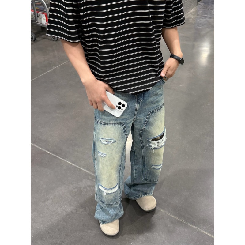 Jean pour homme robuste, délavé, multi-poches, style charpentier, coupe droite ample, décontracté, style urbain