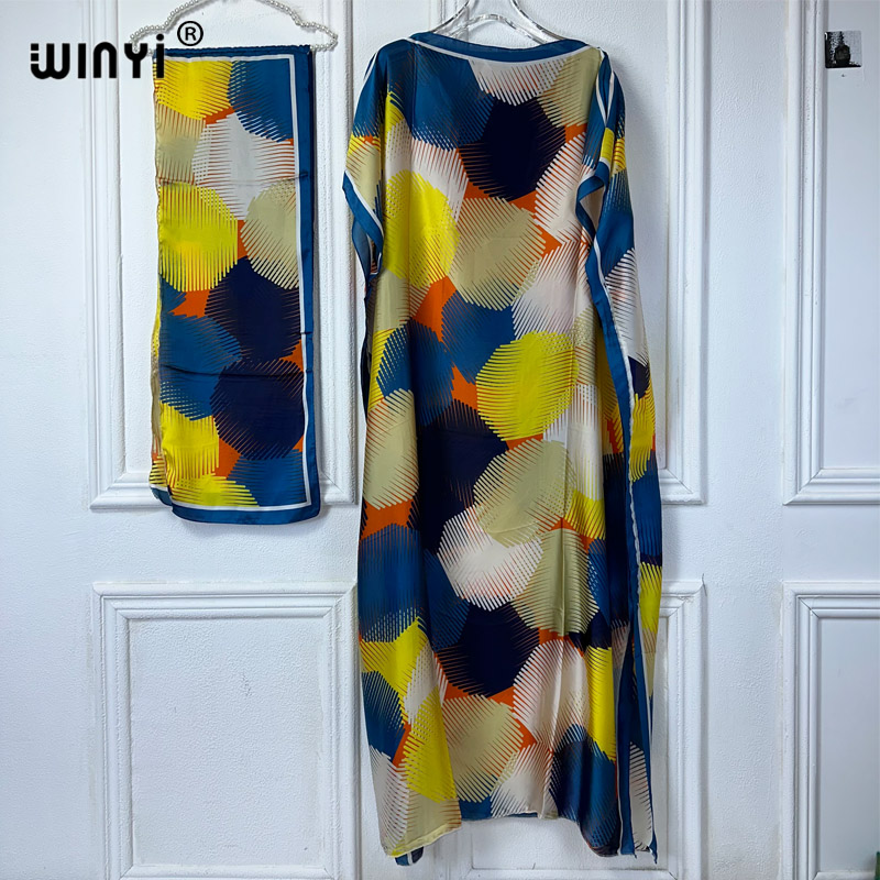 WINYI-Robe imprimée style bohème avec ceinture pour femmes africaines, abaya dubaï, tenue traditionnelle de luxe, ensembles musulmans, robe de soirée maxi