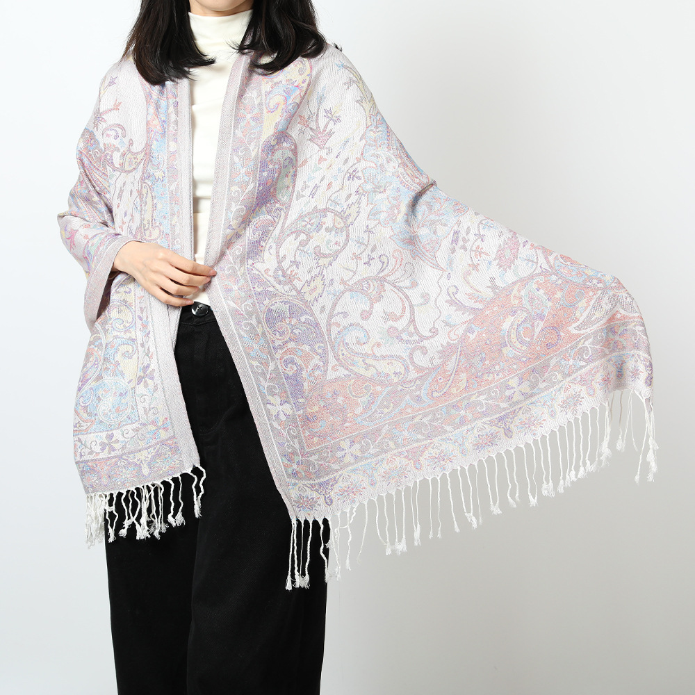 Écharpe Jacquard Pashmina Paisley pour Femme, Châle Rond Chaud, Pompon de Voyage, Fleurs, Bordures, Bohème Femme, Foulard Hijab, Automne, Hiver