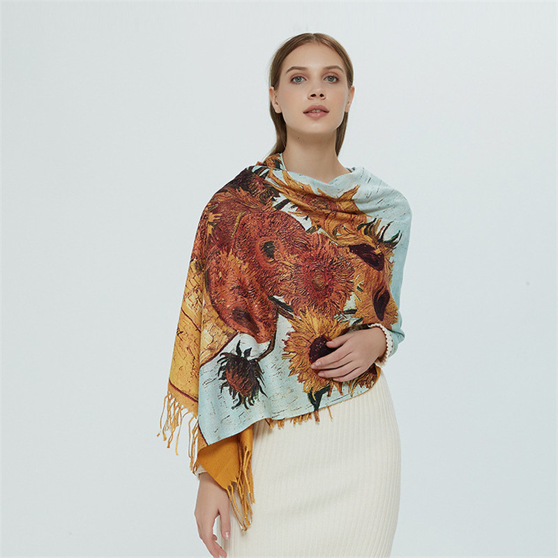 Écharpe en Cachemire de Van Gogh pour Femme, Peinture à l'Huile, Vase à Tournesol, Pashmina à Pampilles, Couverture, Châles Enveloppants, Design de Mode, Foulard, Hiver, 2022