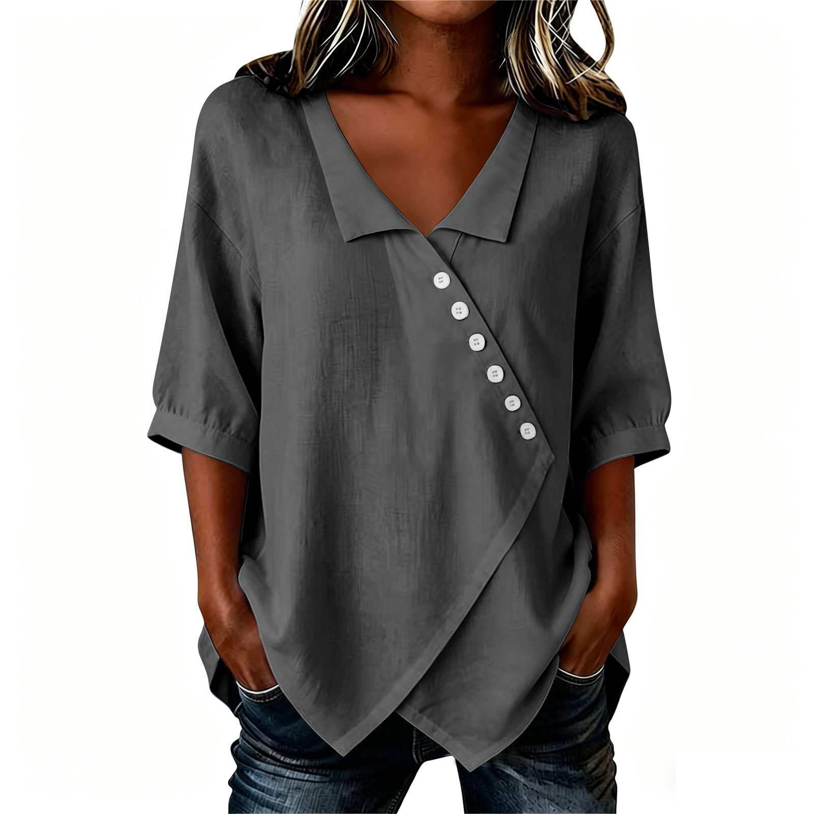 Blouses Femme Tendance 2026 – Blusas Mujer Élégantes en Coton et Lin pour l'Été – Tunique Décontractée à Col V et Manches Mi-Longues pour Dames