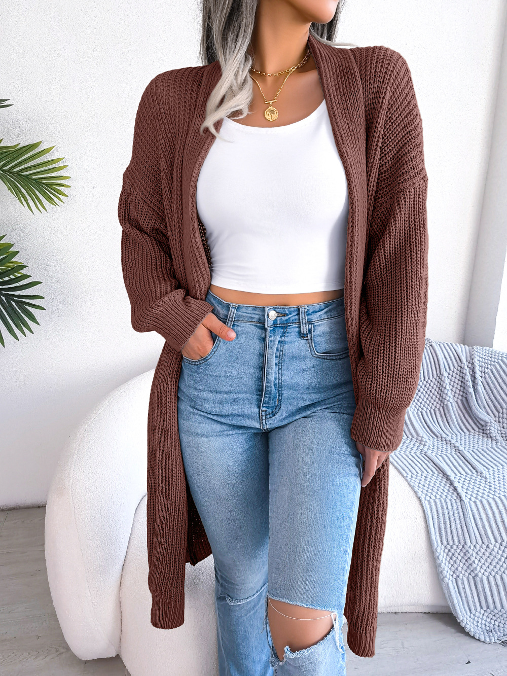 Cardigan tricoté à col châle pour femme, couleur unie, pull pour automne et hiver, manteau de vacances décontracté