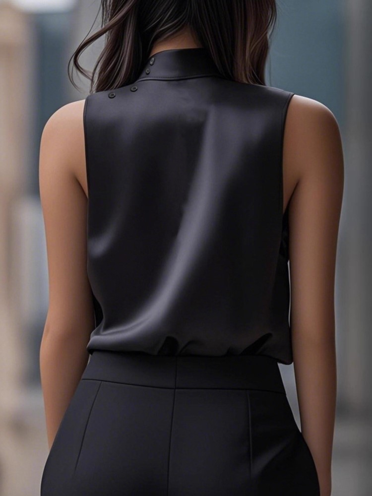 Chemise noire tendance pour femmes, décontractée, sans manches, col demi-haut, hauts, vêtements de rue pour femmes, vêtements d'été, nouveauté