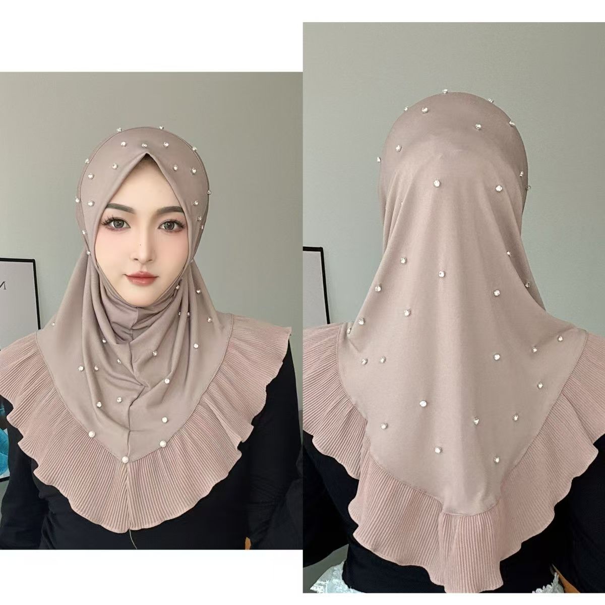 Hijabs pour femmes musulmanes café rose avec perles foulard de prière Eid soirée luxe malaisie Islam fille écharpe d'extérieur