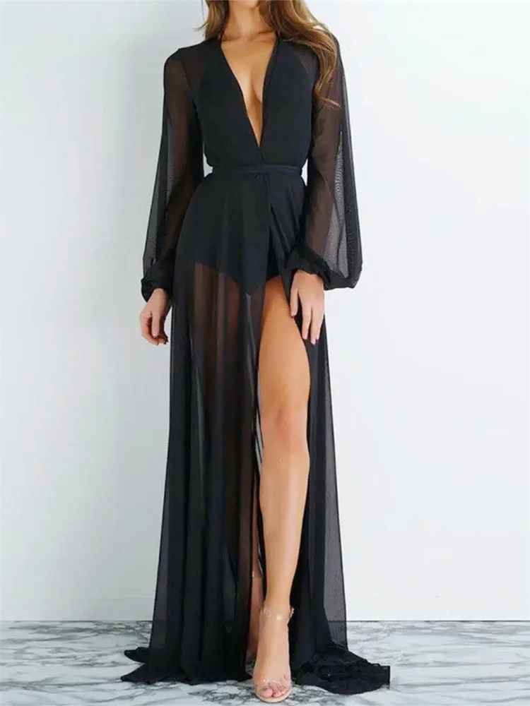Robe de plage longue en maille transparente pour femmes, cardigan transparent, cover-up pour bikini, maillots de bain sexy, été, automne