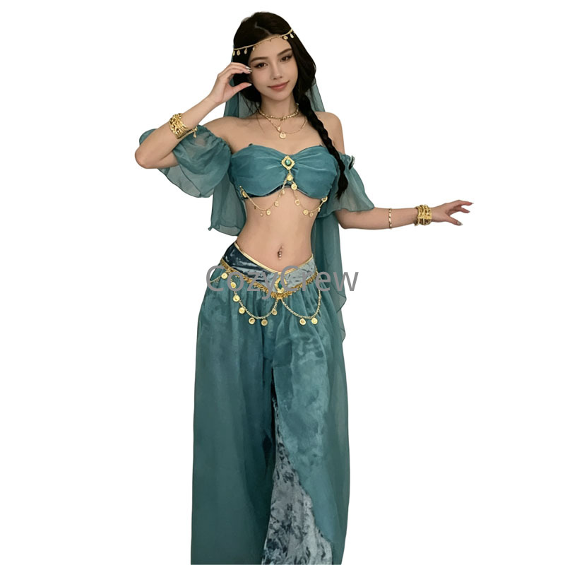 Costume de princesse arabe pour femmes, tenue de danse du ventre rouge, ensemble de cosplay pour fête d'Halloween, haut à épaules dénudées, jupe longue, foulard, style gypsy