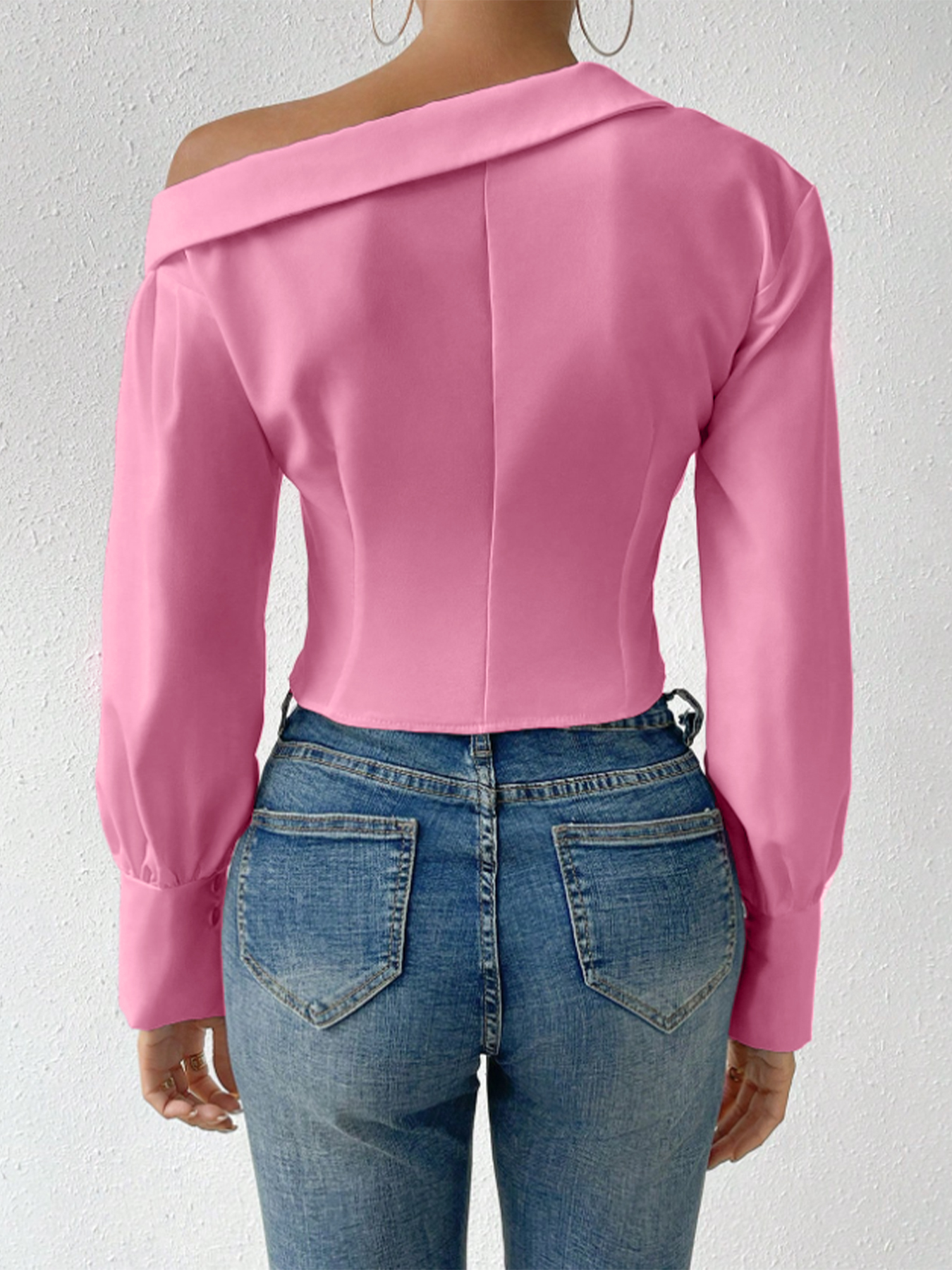 T-Shirt femme printemps été rose épaules dénudées manches longues croisé devant ourlet asymétrique élégant quotidien décontracté haut de rencontre