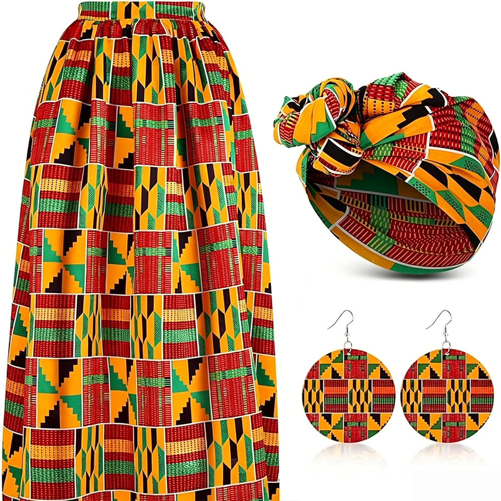 Costumes africains pour femmes, jupe longue à taille haute à imprimé géométrique ethnique bohème, avec foulard et boucles d'oreilles, jupe décontractée tribale