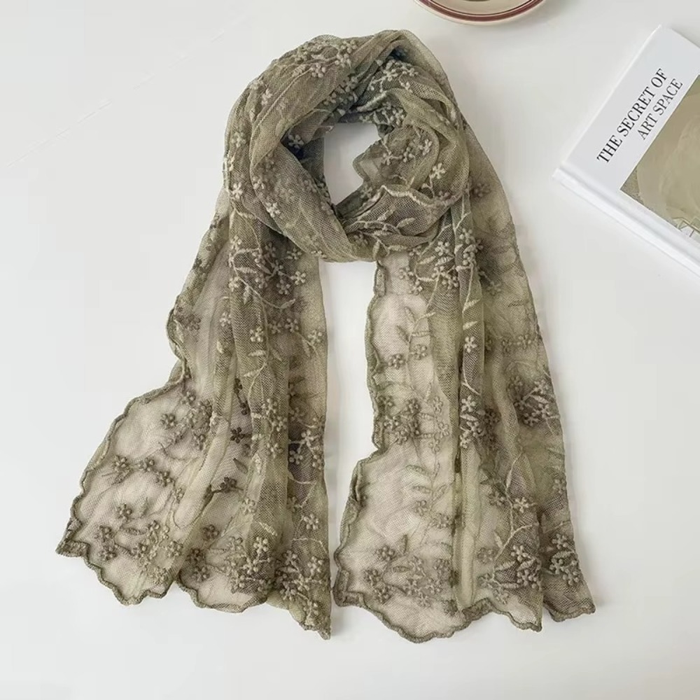 Écharpe en dentelle rétro décontractée pour femmes, longue fleur brodée, châle en dentelle de Protection solaire, Version coréenne de écharpe de Protection littéraire du cou