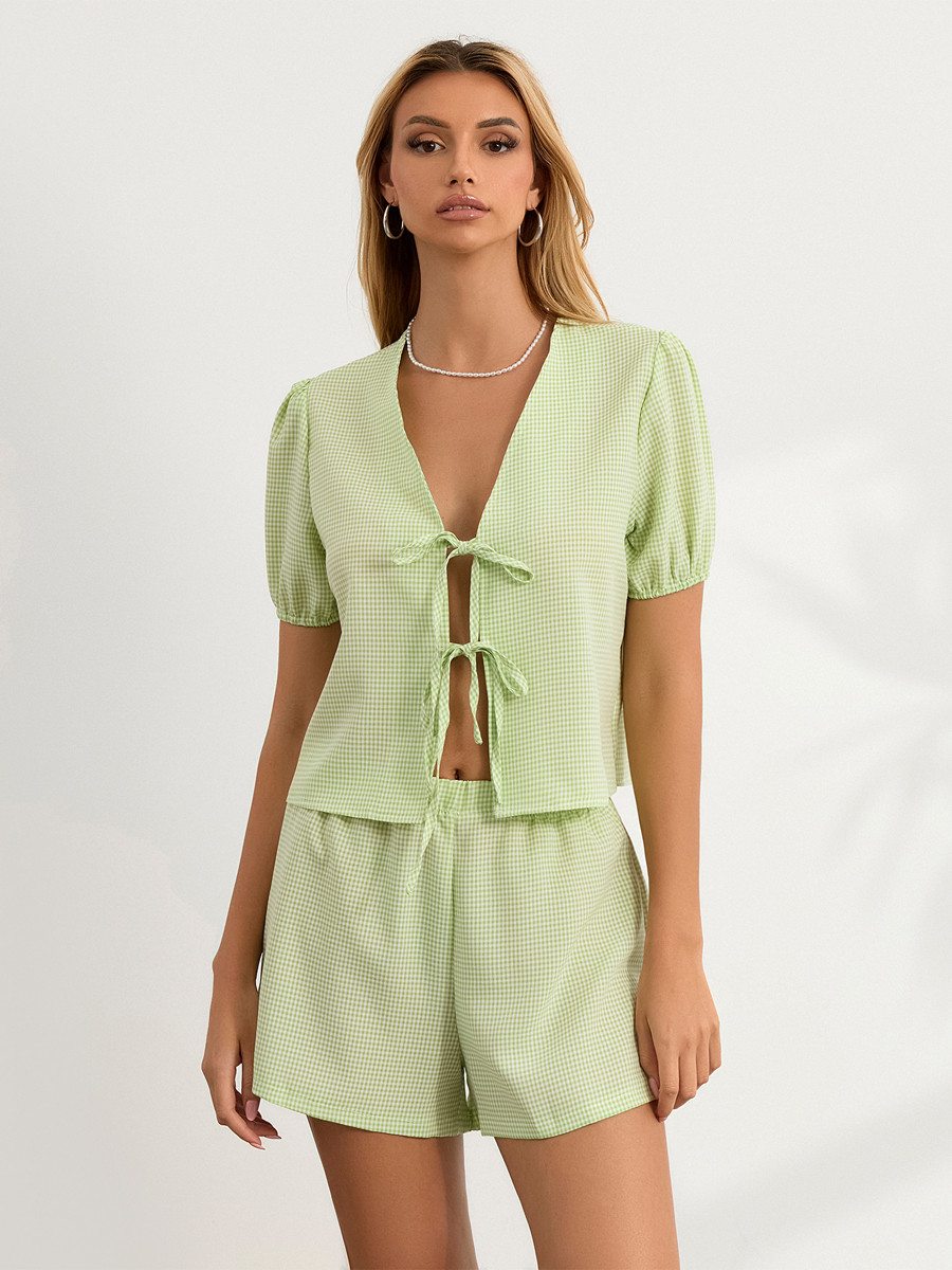 Tenue à carreaux pour femmes, mode d'été, haut ample à col en V, manches bouffantes, short à taille élastique, ensemble d'été 2 pièces
