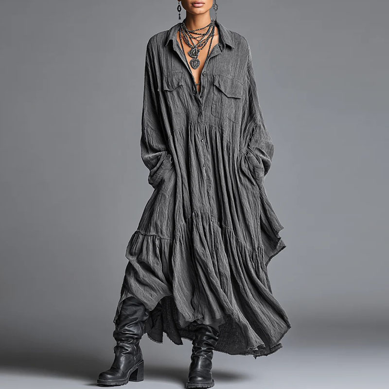 Robes décontractées pour femmes, nouvelle collection vintage, unie, ample, plissée, style bohème, longue, printemps 2026, robe maxi chemise à manches longues et col à revers boutonné