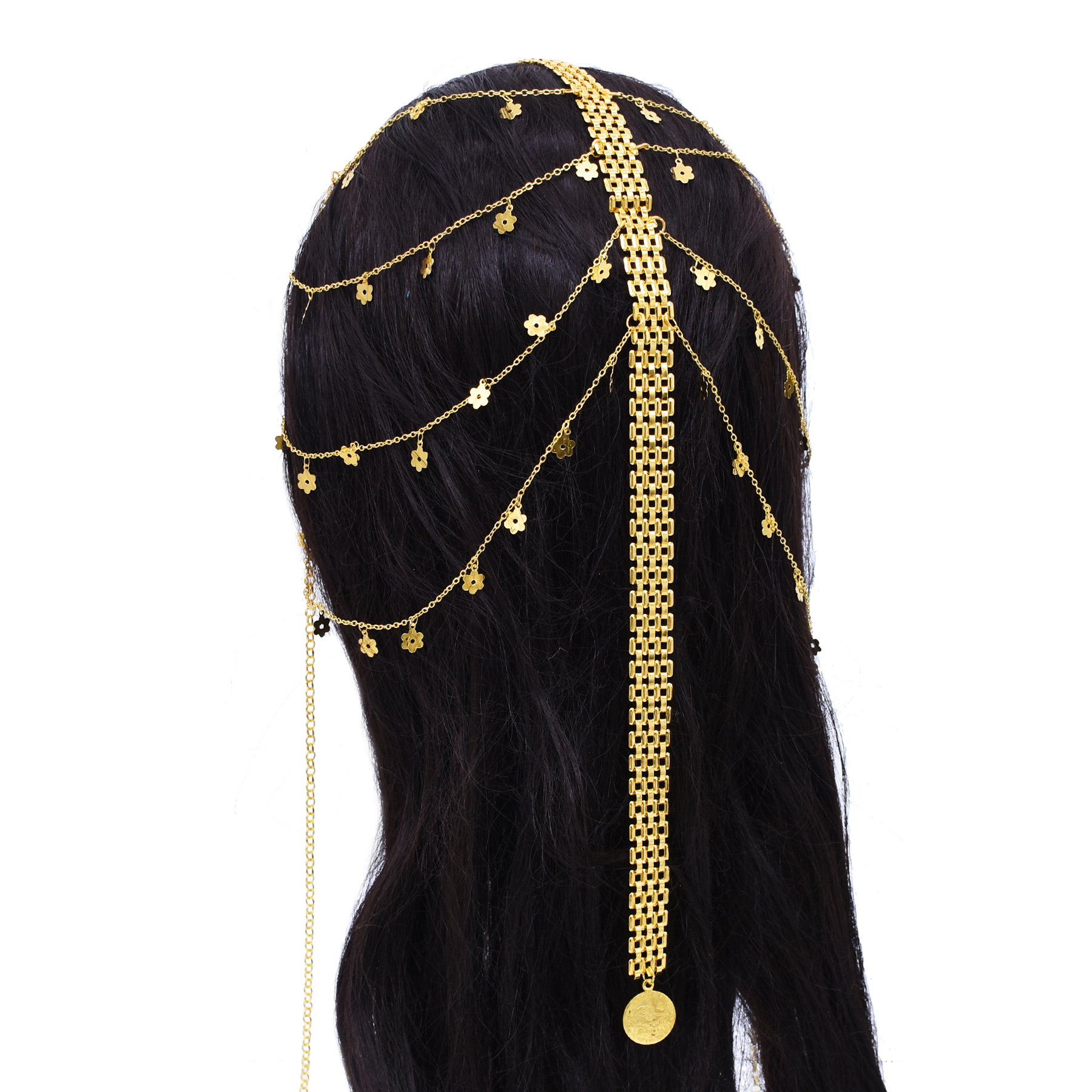 Serre-tête ethnique plaqué or, à plusieurs rangs, avec chaînes et pompons géométriques, bijou de cheveux arabe, turc, kurde, pour mariage, festival, cadeau.