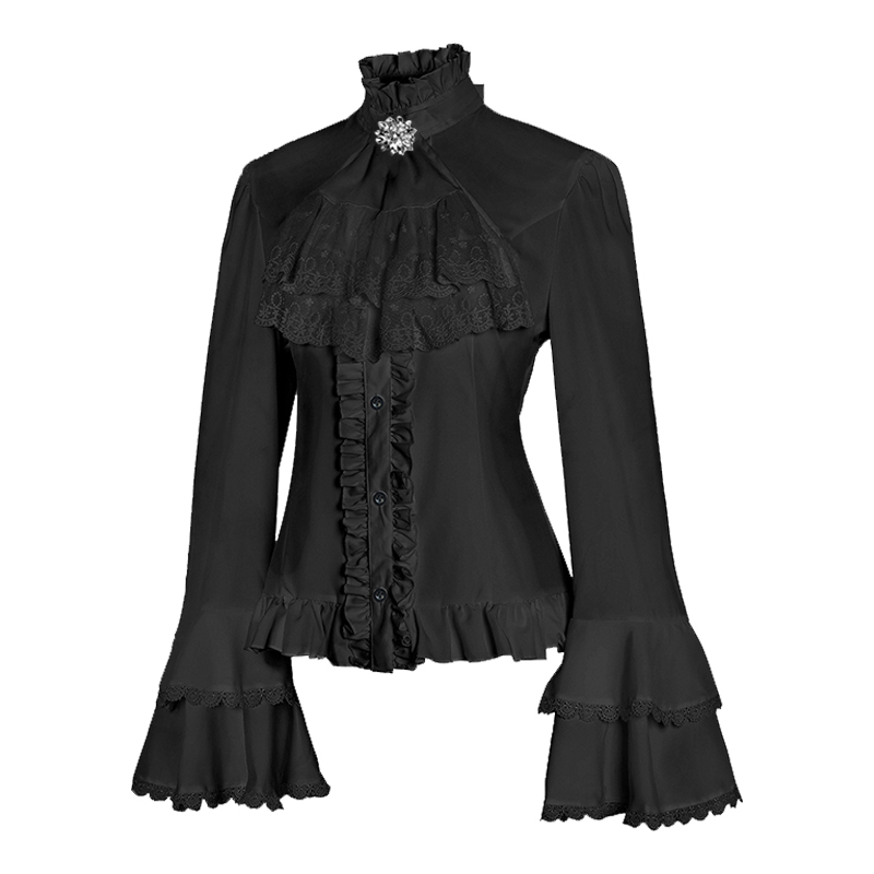 Chemisier en dentelle à col montant et manches évasées pour femme, style queue d'hirondelle, avec nœud, pour déguisement de paysanne victorienne d'Halloween