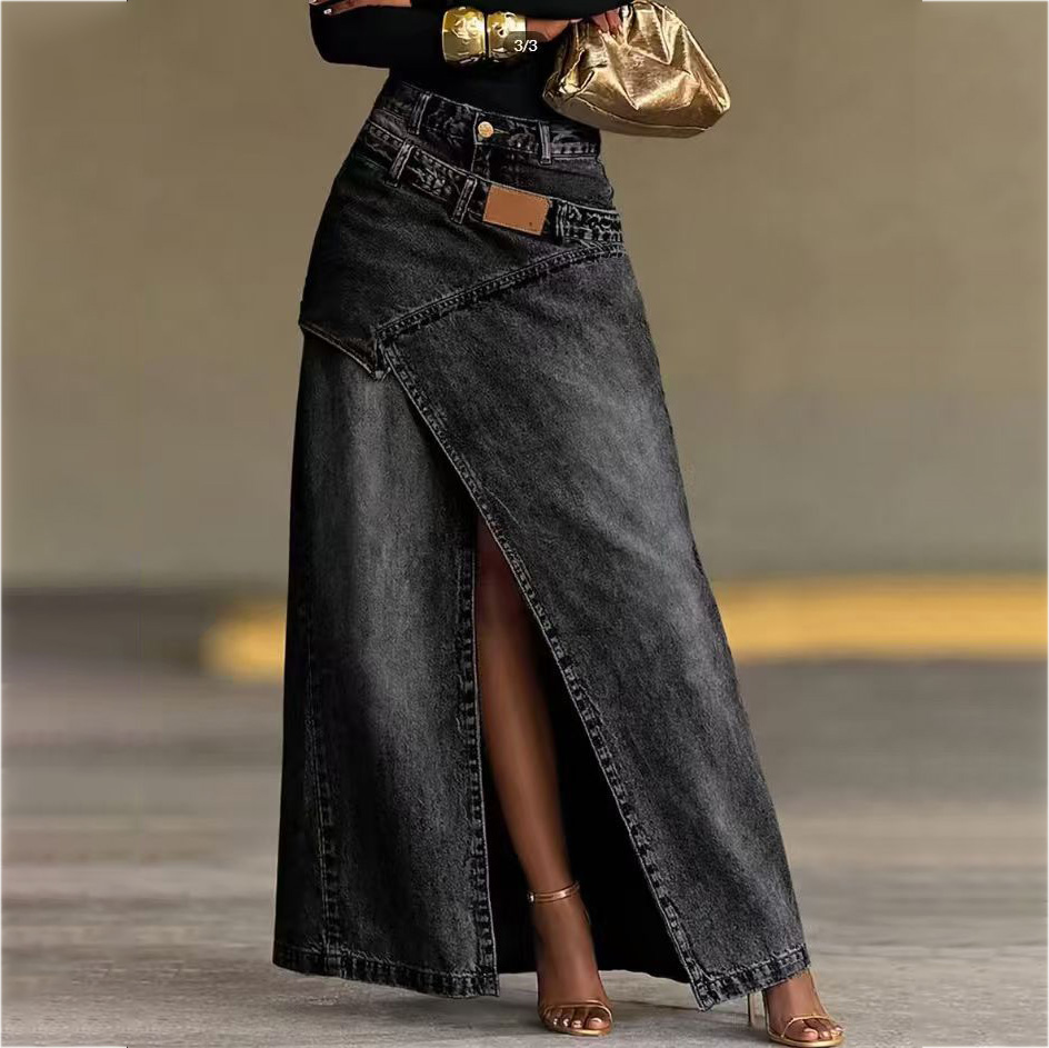 Nouvelle jupe longue en jean taille haute fendue irrégulièrement pour femme, style streetwear décontracté, coupe trapèze, tenue de rue tendance printemps-automne