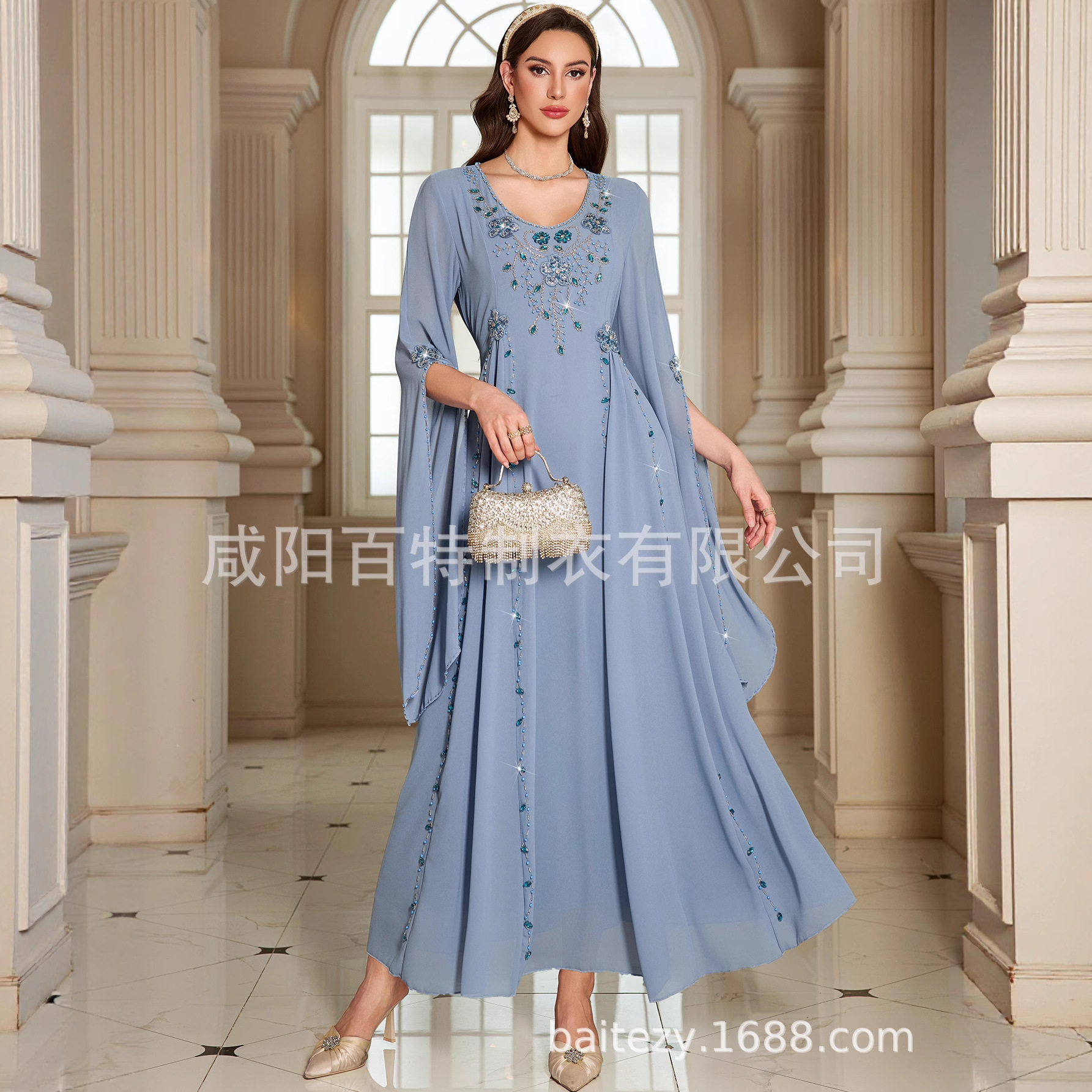 Robes de cérémonie élégantes et tendance pour femmes, couleur bleue unie, col rond, longueur cheville, avec perles, abaya musulmane, nouvelle mode féminine