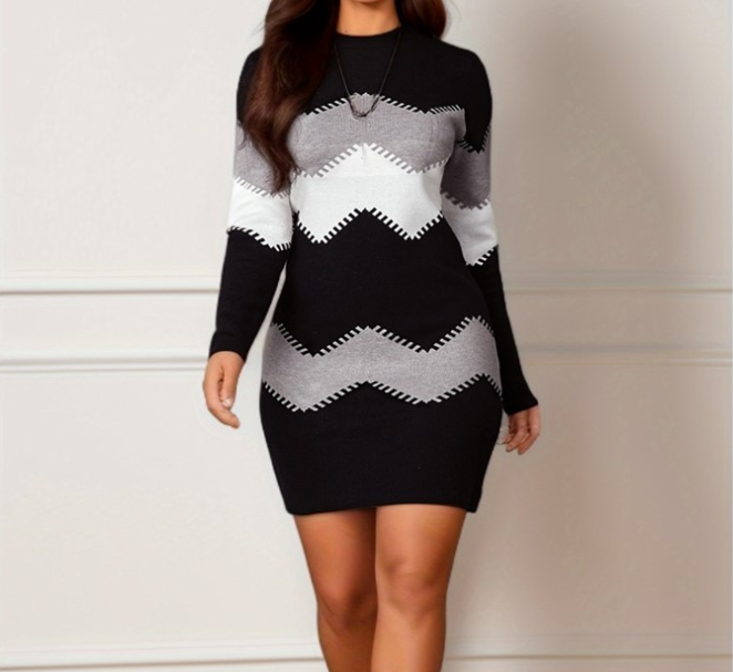 Femmes élégant Patchwork à manches longues robe chaude automne hiver côtelé tricot robe pull décontracté col roulé pull Mini robes
