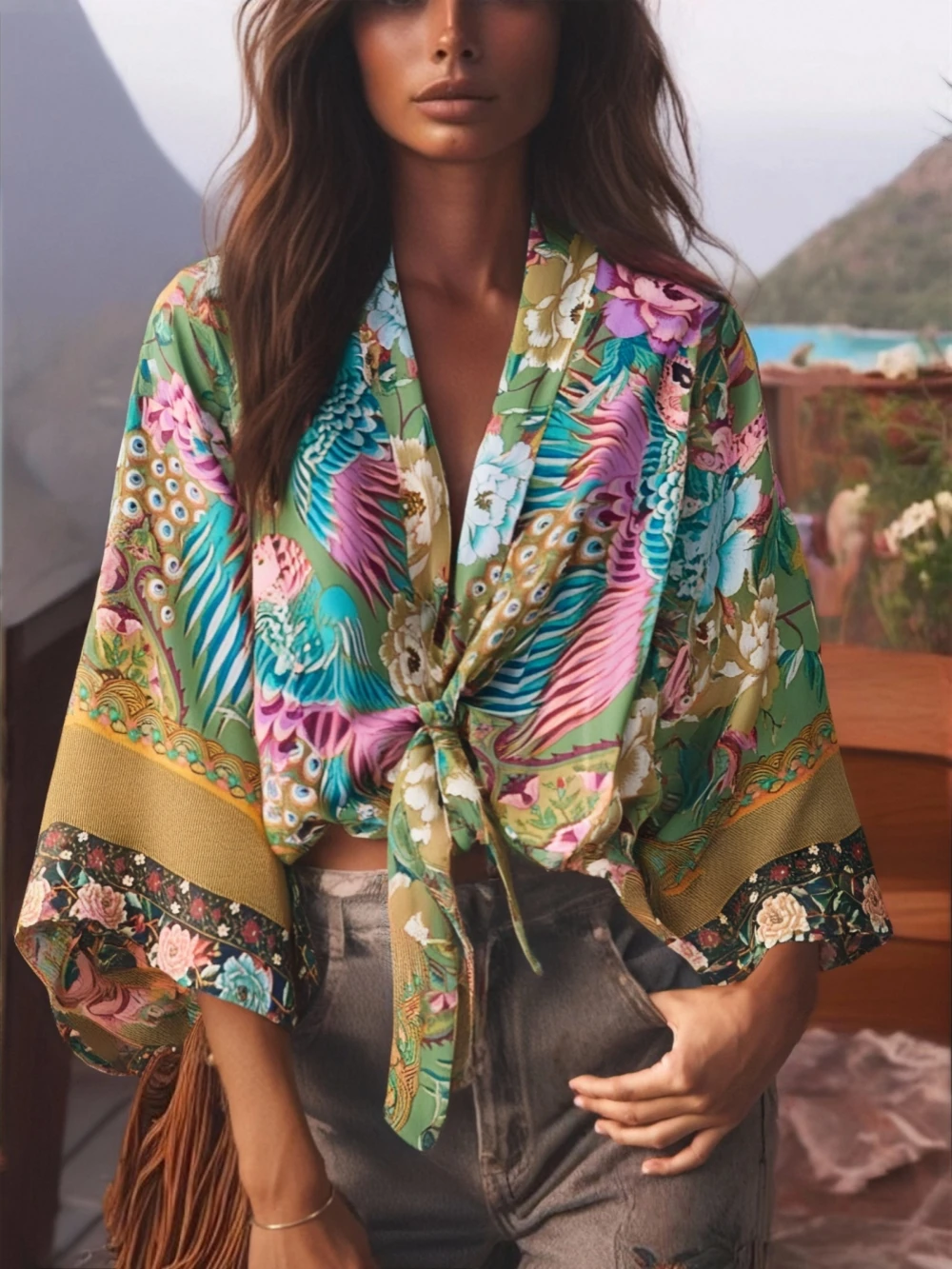 Boho Dinner ens Peacock Short Robe Kimono Swimsuits for Women, Floral BatOOSleeves, Rayon, Bohemian Bikini Cover Ups, Beachwear, Fashion