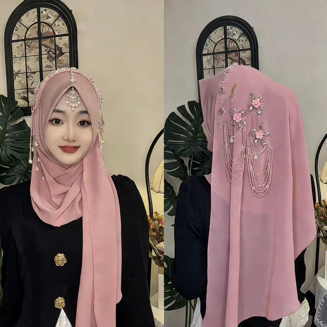 Abaya Hijab pour femmes musulmanes, châle en dentelle, foulard de luxe à pompons, écharpe de prière malaisienne, Kufi Islam, Turban d'Arabie Saoudite 05482