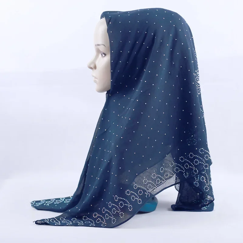Foulard carré en mousseline de soie perlée 105x105cm, turban musulman orné de cristaux, foulard islamique avec épingle offerte
