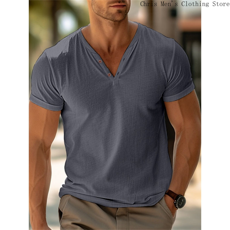 T-shirt à col en V pour hommes, pull décontracté, haut de sport, fitness doux, simple, solide, document, vacances à la plage, mode estivale