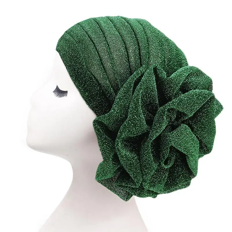 Femmes musulmanes grande fleur Turban chapeau plissé paillettes bonnets miroitant Bonnet perte de cheveux foulard africain chapeaux chimio casquette Skullie