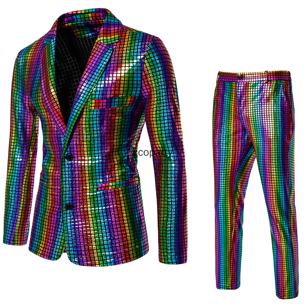 Costume de disco des années 70 pour homme, veste et pantalon à paillettes métalliques arc-en-ciel, costume de fête d'Halloween, ensemble brillant pour scène et boîte de nuit