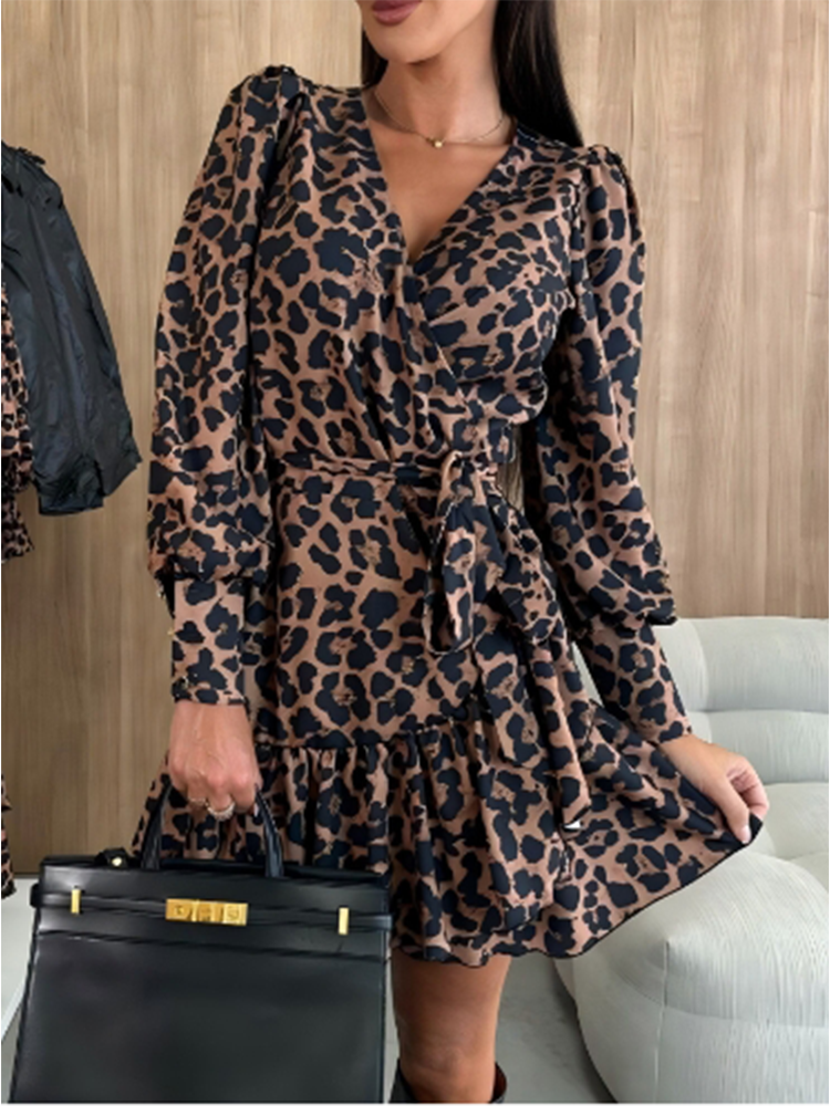 Robes imprimées léopard pour femmes, col en v, à lacets, manches longues, Sexy, élégante, pour rencontres, Mini robe d'automne