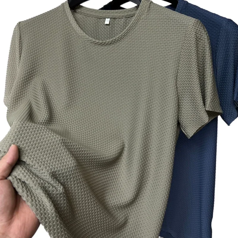 T-shirts d'été en soie glacée haut de gamme, couleur unie, haute qualité, à manches courtes, respirants, pour hommes, vêtements de marque, 6XL