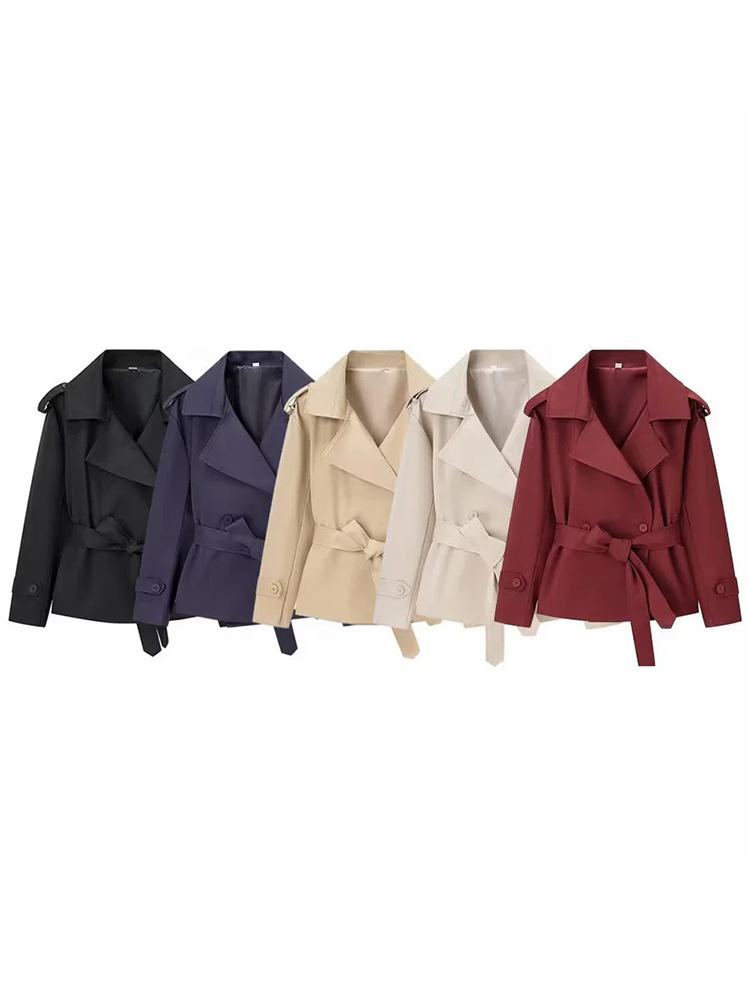 Vestes décontractées vintage chic pour femmes, manteaux courts à col rabattu et double boutonnage avec ceinture, vestes de mode féminine pour les fêtes
