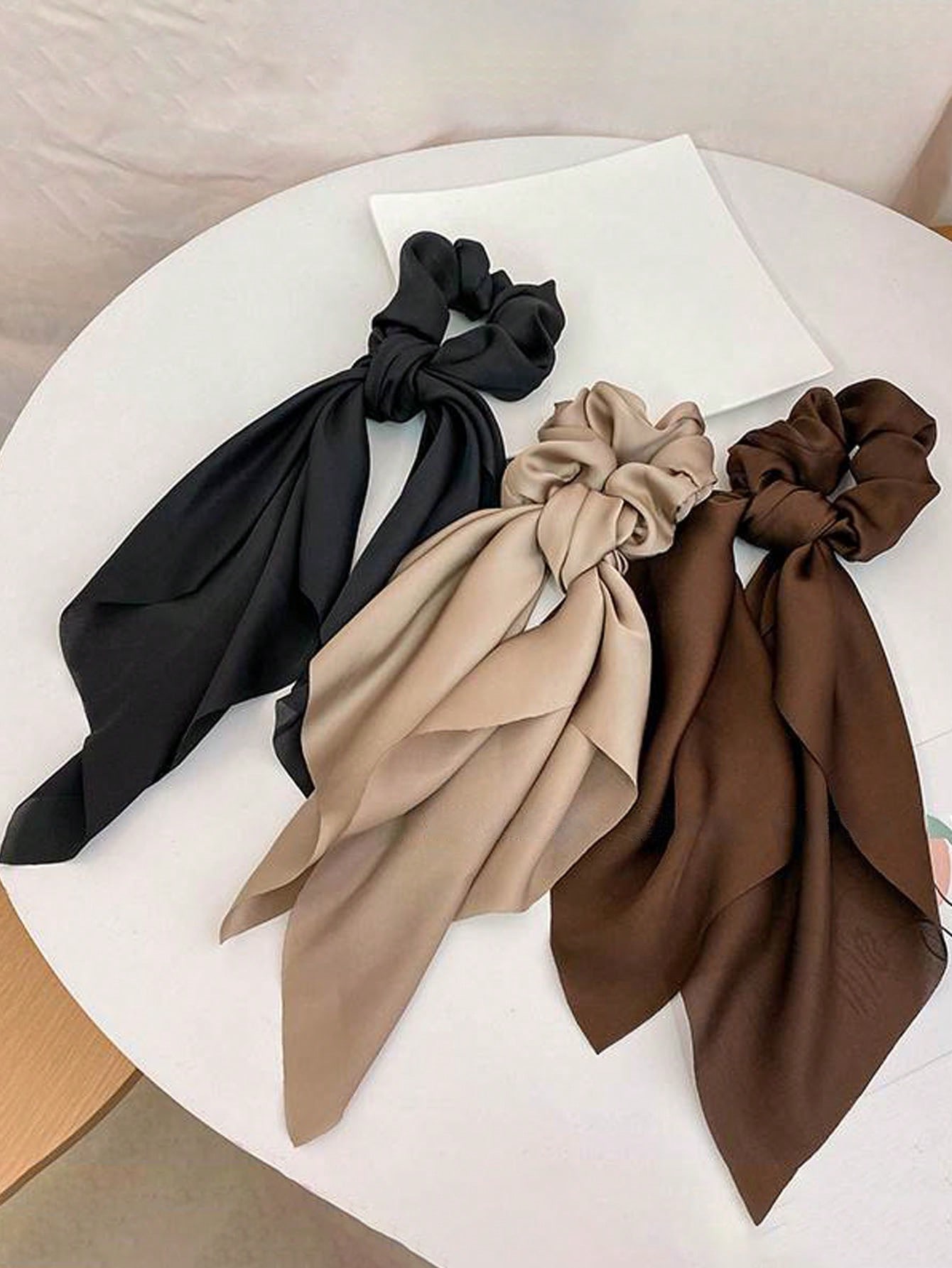 Chouchous pour cheveux en ruban de Satin noir, kaki et café pour femmes, accessoire pour cheveux polyvalent, élégant, minimaliste, couleur unie, 3 pièces
