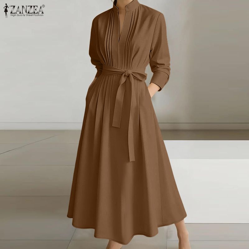 ZANZEA Robe longue maxi tendance pour femme, col montant, manches longues, froncée, taille nouée, coupe trapèze, pour le bureau et le travail