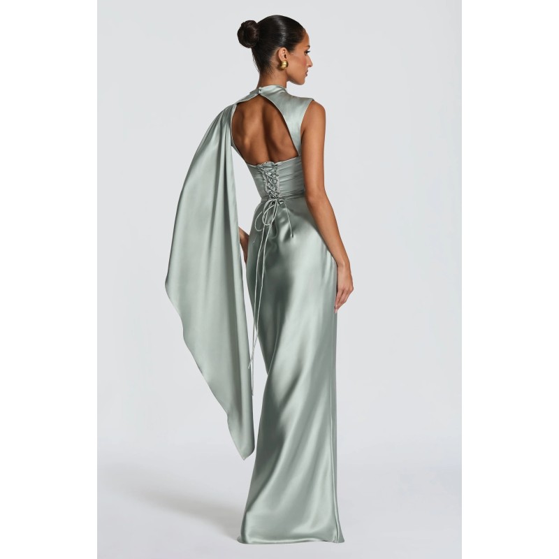 Robes de soirée élégantes pour femmes, robe de soirée en satin drapée avec cape, robe formelle à col montant et dos corset avec taille froncée 2026