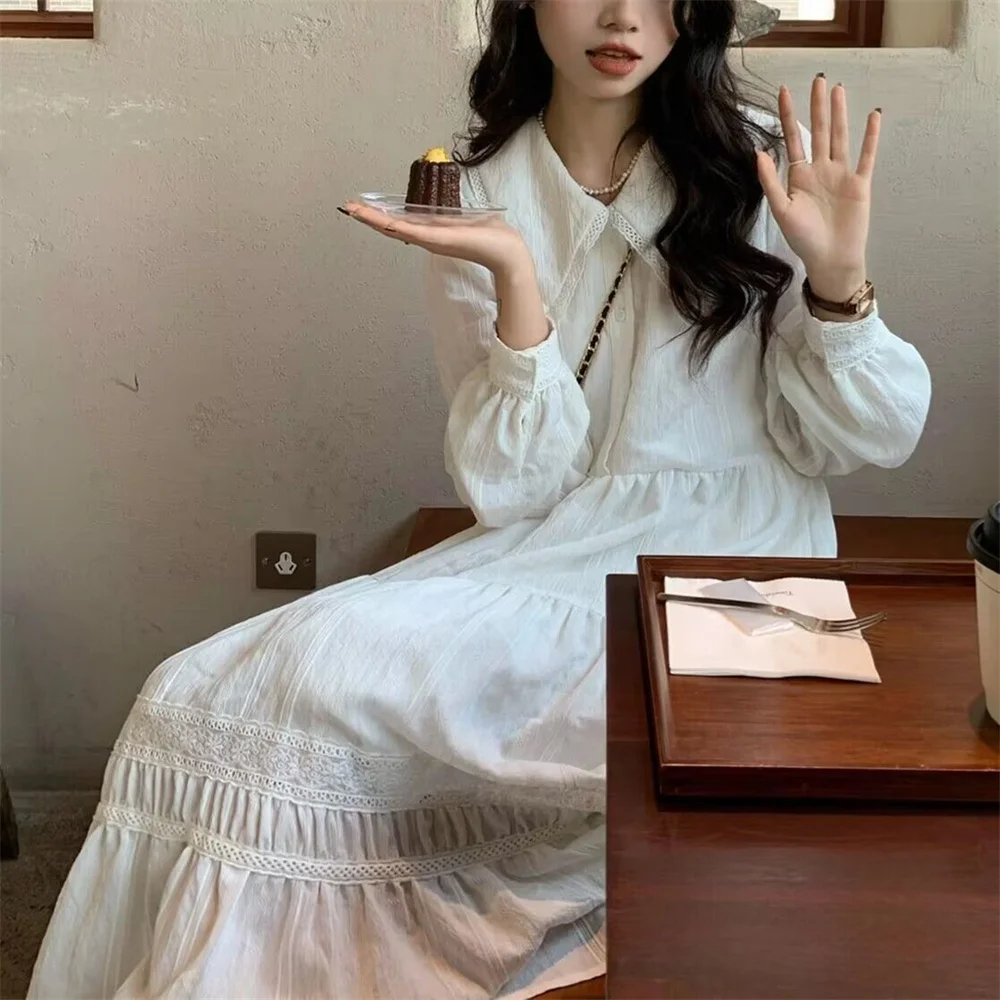 Mode coréenne Simple étudiant robe blanche robe mi-longue femmes doux ample à volants Style français décontracté vacances lanterne manches doux