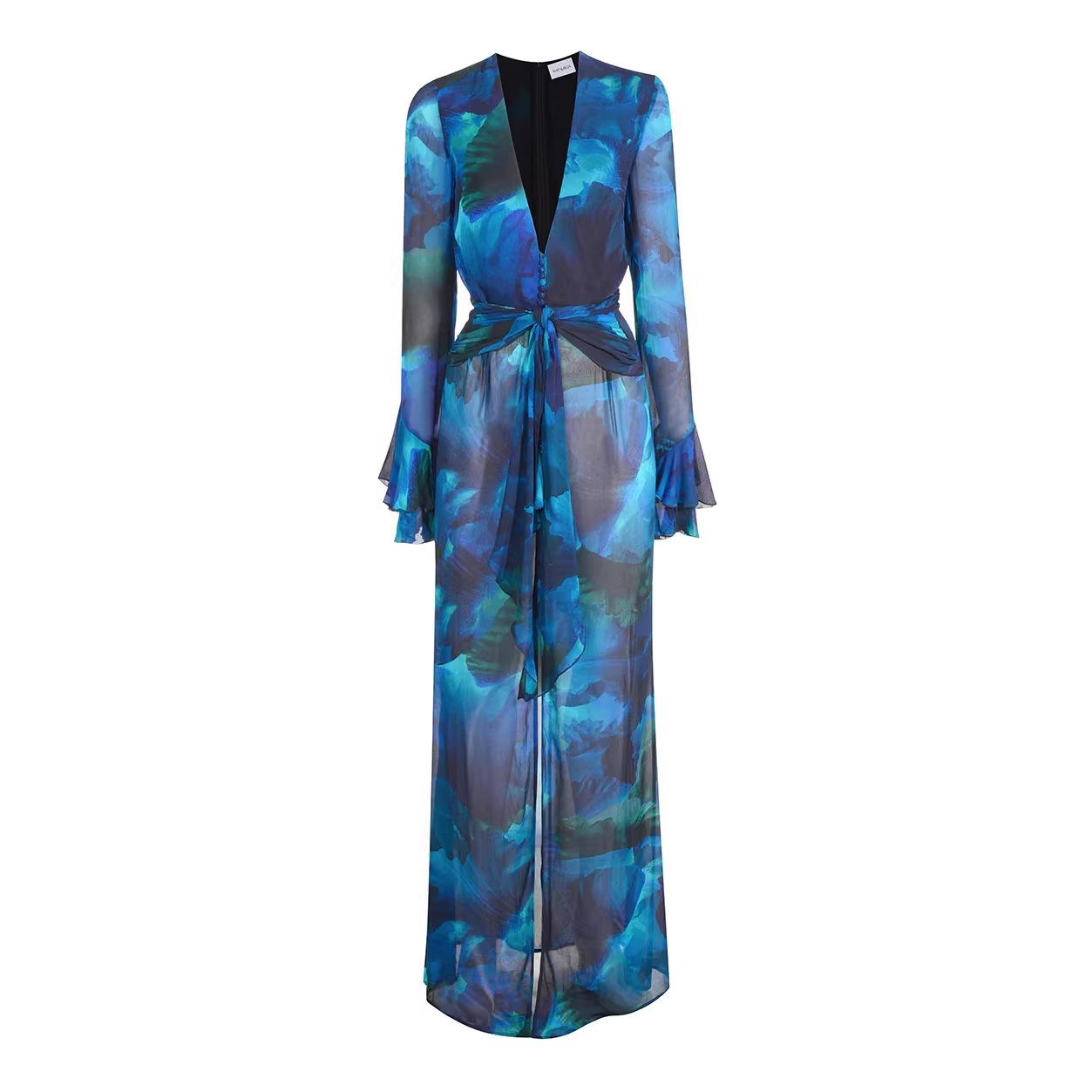 Collection Printemps 2026 : Robe de plage en mousseline imprimée pour femme, style décontracté et élégant, coupe ample, manches longues, type cardigan.