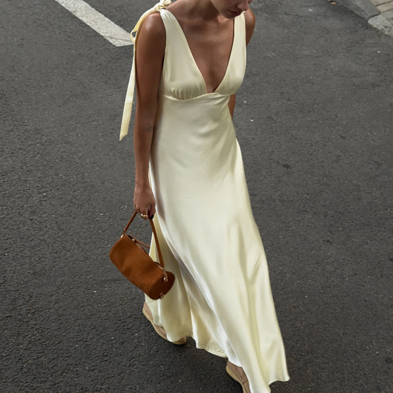 Nouvelle Robe de Soirée d'Été Taille Haute pour Femme, Sexy, Col Double en V, Sans Manches, à Lacets, en Satin Élégant Couleur Unie, Coupe Ajustée