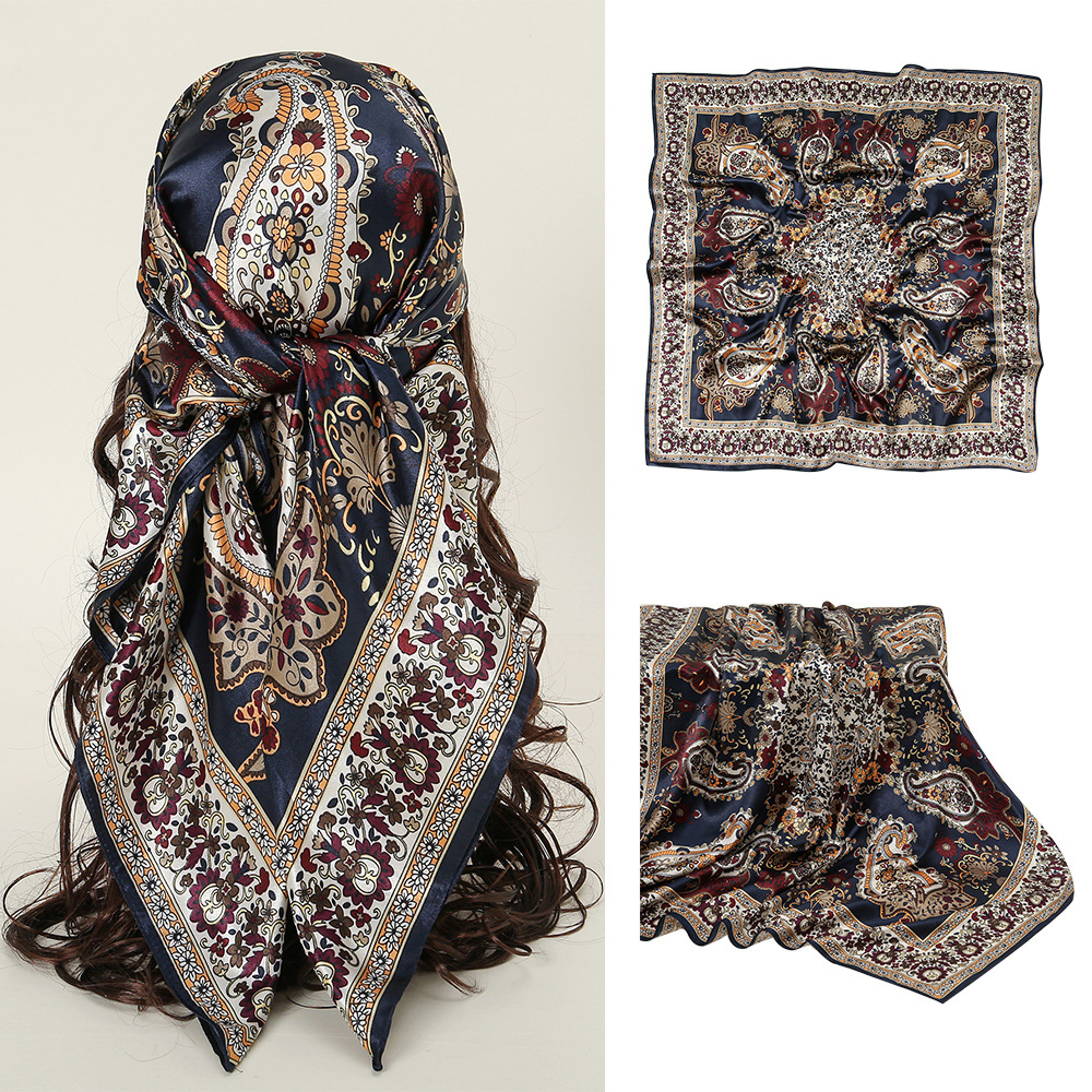 Foulard Carré Imprimé en Satin pour Femme, Châle Rond Hijab, Bandeau de Sauna, Bandana, 90x90cm