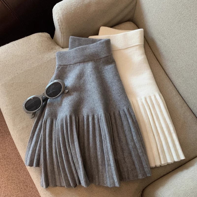 Jupe tricotée douce version coréenne pour femmes, jupe plissée taille haute, élastique, tempérament, nouvelle collection printemps et automne