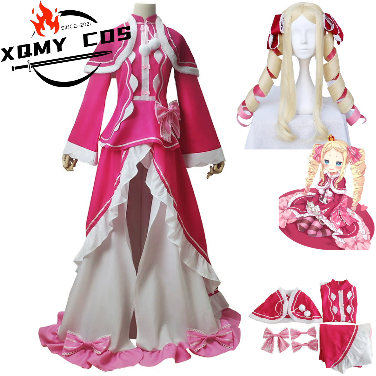 XQAnime Re: la vie dans un monde différent de zéro Beatrice Cosplay Costume perruque robe de princesse Lolita châle femme Kawaii carnaval Su