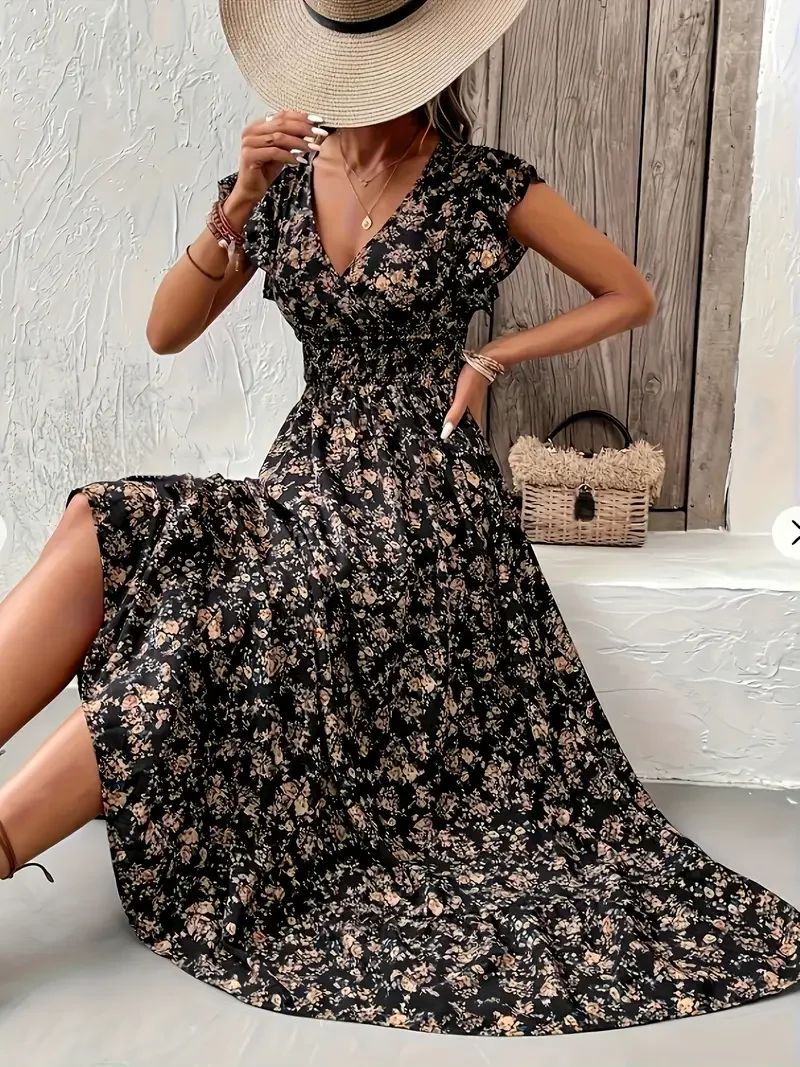 Grande taille 1XL-5XL femmes mode été imprimé fleuri col en v à volants ourlet robe dames à manches courtes élégante robe évasée robe longue