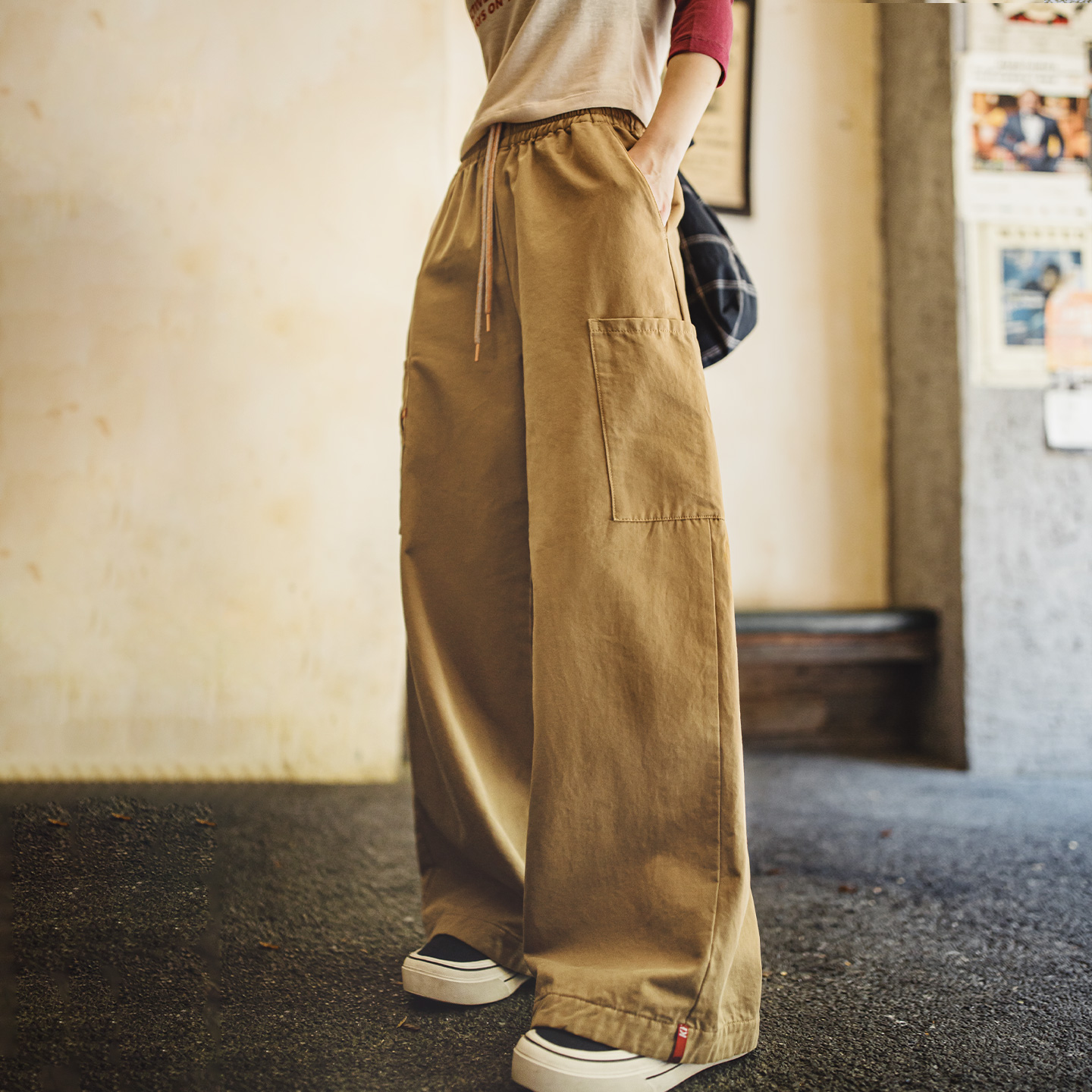 Pantalon cargo en coton pour femme Maden, kaki, coupe large, pantalon utilitaire, coupe ample, jambe droite, multi-poches, décontracté, streetwear quotidien