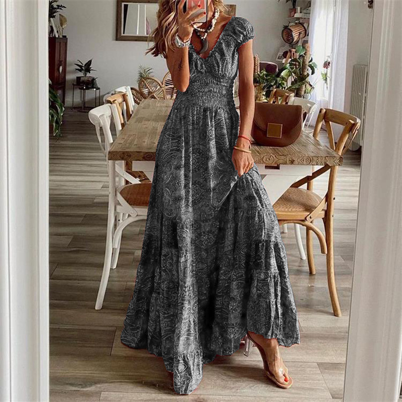 Nouvelle Robe Longue Style Bohème Européen et Américain 2026, Taille Cintrée, Imprimé Floral, Robe à Grand Ourlet
